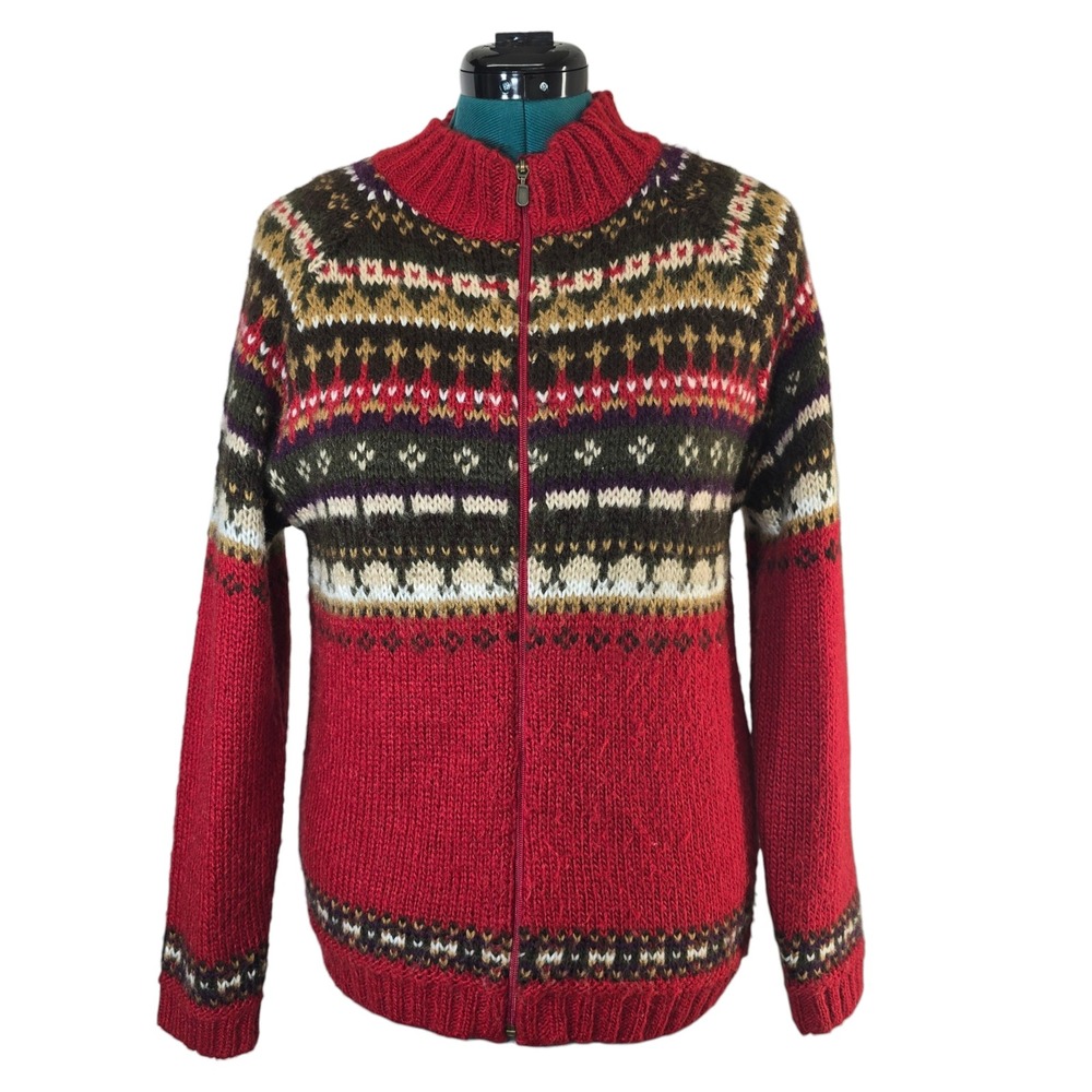 Tanjay Womens Fair Isle Zip Up Cardigan Sweater M Medium Red Brown Knit‎